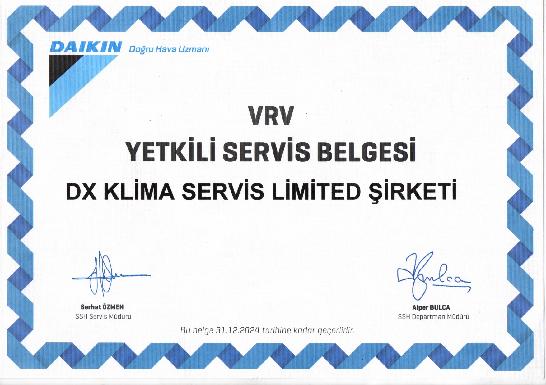 VRV Yetkili Servis Belgesi